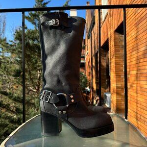 New Jeffrey Campbell Harness Tall Moto Boot Heeled Shoes Suede Black